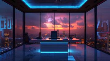 AI generated minimalist, futuristic home office, floating desk, transparent holographic displays, voice controlled lighting. room has panoramic view of futuristic city, blending work photo