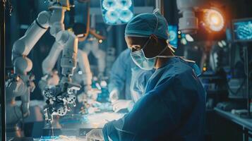 AI generated The surgeon, visible in foreground, is intently monitoring and controlling robotic arms via a high tech console, showcasing a seamless blend of concentration, precision photo