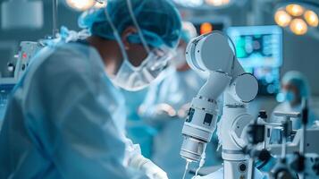 AI generated A highly skilled surgeon is engaged in a meticulous surgical procedure using a state of the art medical robot in a sterile operating room. photo