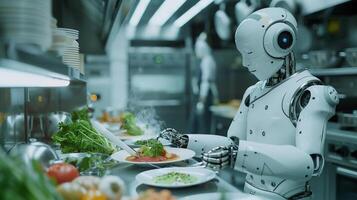 AI generated AI Robot Perfecting Gourmet Dish Plating in Professional Kitchen. An AI-powered robot meticulously plates a gourmet dish in a professional kitchen photo