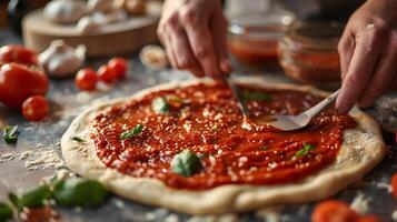 AI generated Artisan Pizza Preparation with Tomato Sauce and Basil. Artisanal pizza in the making, with hands spreading tomato sauce and fresh basil leaves on dough, amidst a kitchen full photo