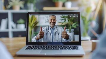 ai generado alegre expresión en del doctor ordenador portátil pantalla durante vídeo llamar. del doctor manos son visto dando Pulgares hacia arriba a paciente, transporte bueno Noticias acerca de prueba resultados foto