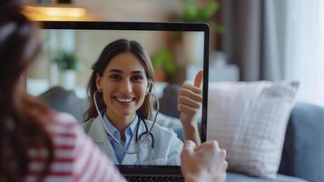 AI generated A heartwarming close-up of a patient's relieved and joyful expression on a doctor's laptop screen during a video call. The doctor's hands are seen giving a thumbs-up to the patient photo