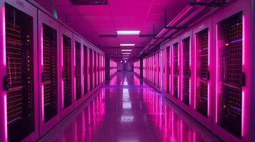 AI generated A corridor inside a data center lined with server racks, bathed in vibrant pink neon lights that reflect on the shiny floor surface. photo