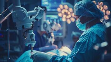 AI generated A focused surgeon in scrubs operates with the assistance of a sophisticated robotic surgical system in a high-tech operating room. photo