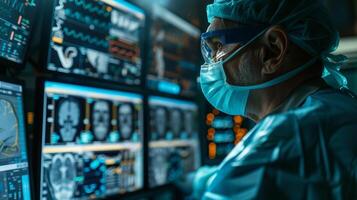 AI generated Surgeon Analyzing Patient Data on Surgical Monitors. A surgeon in full scrubs gazes at a bank of surgical monitors displaying vital patient data and complex medical photo