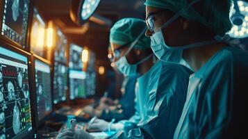 AI generated Surgeons Analyzing Patient Brain Scans in High Tech Room. Two surgeons in scrubs review brain scans on multiple monitors in a high-tech, dimly lit control room photo