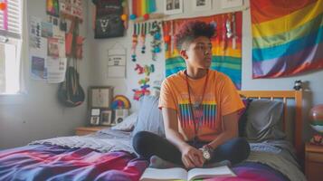 AI generated Teenager in Colorful Room with Pride Flag. Thoughtful teenager sits cross legged on bed in vibrant room decorated with pride flag and diverse wall art, exuding sense of identity photo