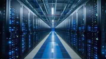 AI generated Modern Data Center Server Room with Blue Lights. Interior of a data center server room with rows of racks and blue LED lights, illustrating modern digital infrastructure. photo