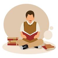 Man Reading Book. Sitting on The Floor Surrounded by Books vector