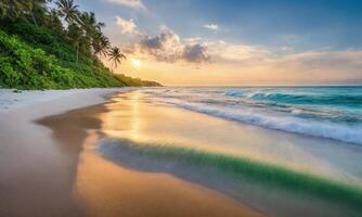 AI generated Closeup sea sand beach. Panoramic beach landscape. Inspire tropical beach seascape horizon photo