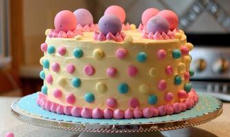 ai generado un cumpleaños pastel decorado con globos y múltiple colores foto