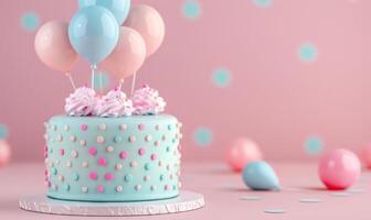 AI generated a colorful birthday cake with balloons is in the background photo