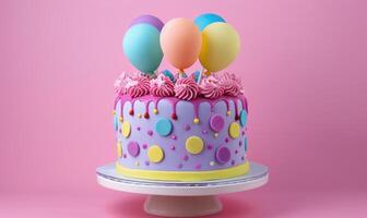 ai generado un vistoso pastel con azul y rosado globos en un rosado mesa parte superior foto