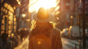 ai generado un esbelto joven mujer en un sombrero y Saco es visto desde detrás como ella paseos abajo el calle en un soleado primavera día foto