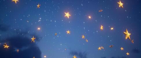 ai generado un azul noche cielo con muchos oro estrellas flotante en el aire foto