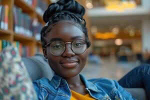 AI generated A successful female student with dark skin, wearing a denim shirt and glasses photo