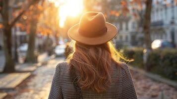 ai generado un esbelto joven mujer en un sombrero y Saco es visto desde detrás como ella paseos abajo el calle en un soleado primavera día foto
