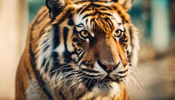 AI generated Close-up of a tiger in a jungle, wild dangerous animal. photo