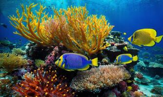 AI generated Underwater scene. Coral reef, colorful fish groups and sunny sky shining through clean ocean water. photo