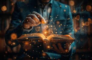 AI generated man in a suit opening a book at night, glowing lights behind photo