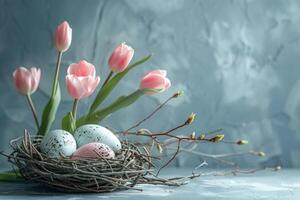 AI generated easter eggs, tulips and tree in nest on grey concrete background photo