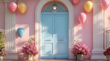 AI generated colorful balloons hanging from the front door photo