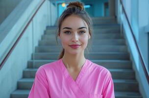 AI generated an attractive female nurse in pink uniform standing on stairs photo
