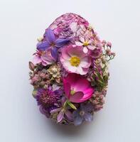 AI generated a purple and pink egg with flowers arranged around it photo