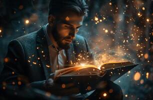 AI generated man in a suit opening a book at night, glowing lights behind photo