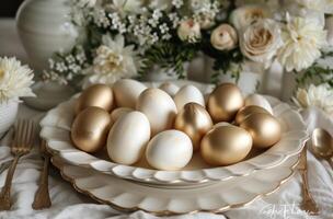 ai generado un Pascua de Resurrección paisaje de mesa lleno de oro y blanco huevos en blanco paño foto