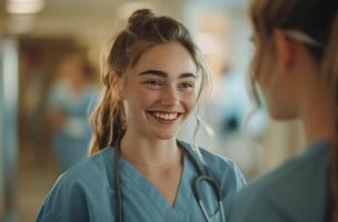 AI generated female medical student is smiling at her nurse as she makes a run photo