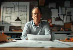 AI generated a man is sitting at a table with architect paper in front photo