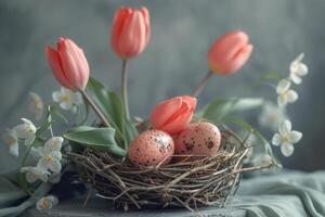 AI generated easter eggs, tulips and tree in nest on grey concrete background photo