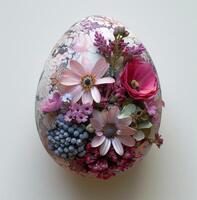 AI generated a purple and pink egg with flowers arranged around it photo