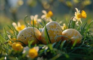 AI generated easter eggs in grass with daffodils photo