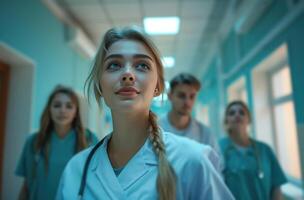 AI generated a nurse wearing a uniform standing next to medical students in a hallway photo