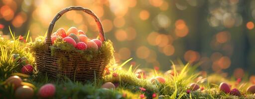 AI generated empty basket with colored eggs in a grassy field photo