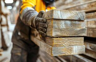 ai generado un construcción trabajador es participación un de madera tablero en un tienda foto