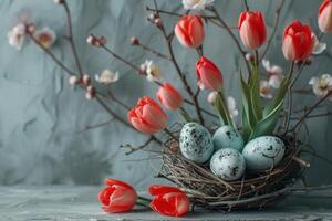 AI generated easter eggs, tulips and tree in nest on grey concrete background photo