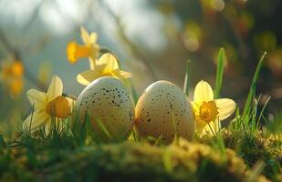 AI generated easter eggs in grass with daffodils photo