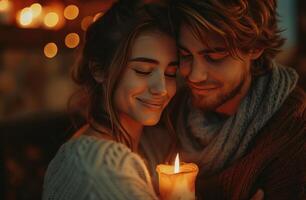 AI generated happy love couple hugging together holding candle in front of fireplace, photo