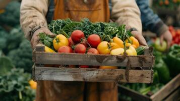 AI generated people holding a wooden crate full of fresh vegetables at a farm photo