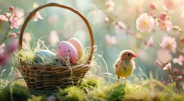 AI generated easter baskets with eggs on the grass, vibrant stage backdrops photo