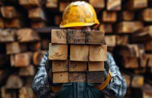 AI generated a man in hard hat holding wood in his hands in a workspace photo