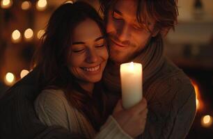 ai generado sonriente Pareja abrazando juntos participación un iluminado vela cerca el hogar foto