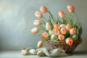 AI generated colored eggs in basket on a grey background with tulips, light teal and white, the snapshot aesthetic photo