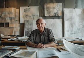 AI generated a man is sitting at a table with architect paper in front photo