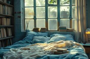 AI generated a bed with some books, blanket and booklight by a window photo