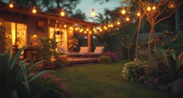 AI generated a backyard with string lights is lit up at night photo